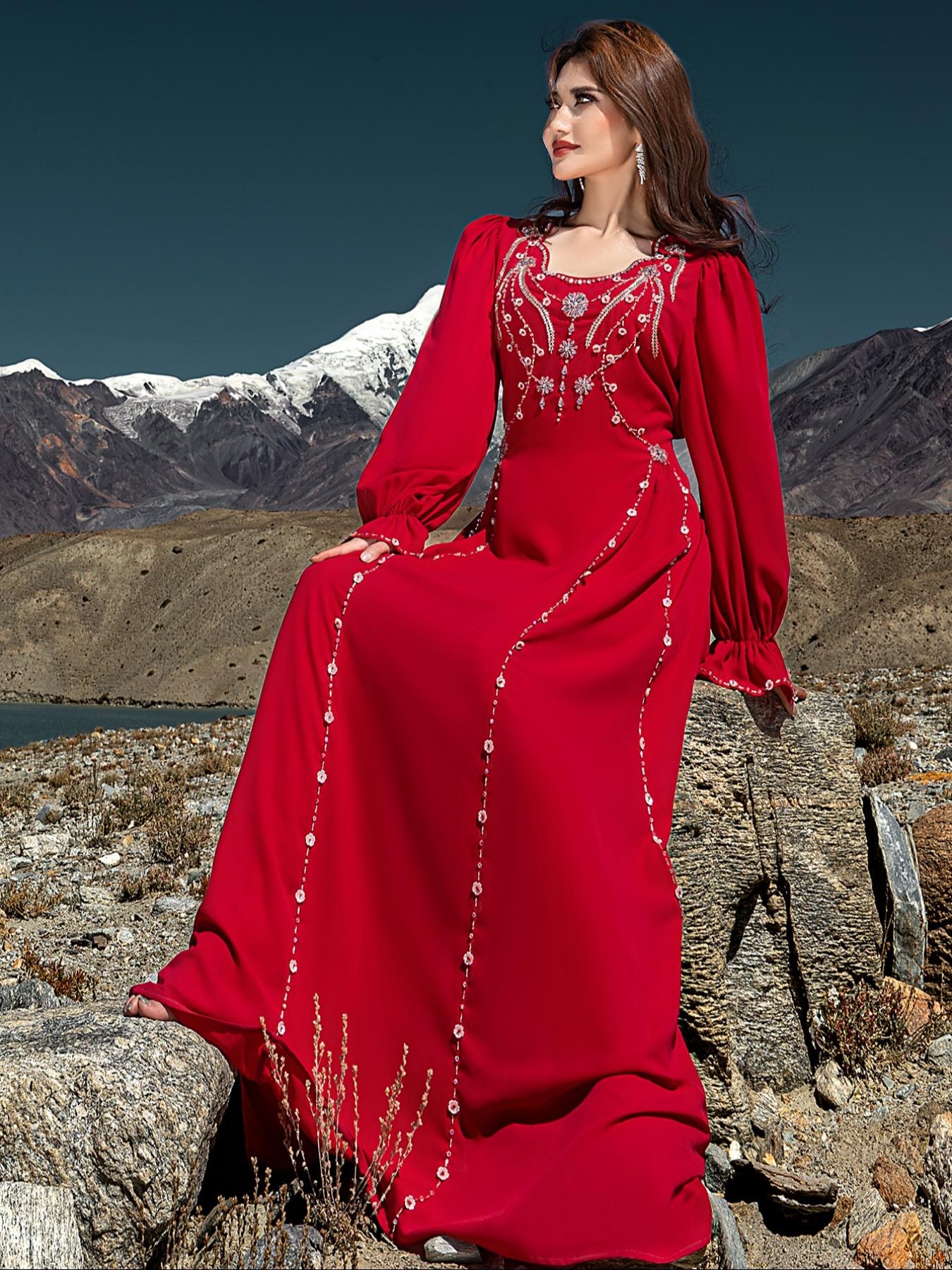 Embroidered Abaya Dress, Formal Wear, V Neck, & Silver Beads, Flare Sleeves, Elegant Fitted, Perfect for Formal Weddings & Eid Celebrations