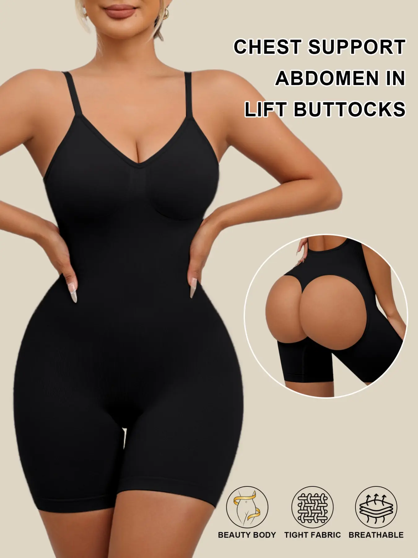1pc Adjustable Strap Backless Shapewear Bodysuit, Breathable Tummy & Butt Lift Hip Cutout Thigh Slimmer