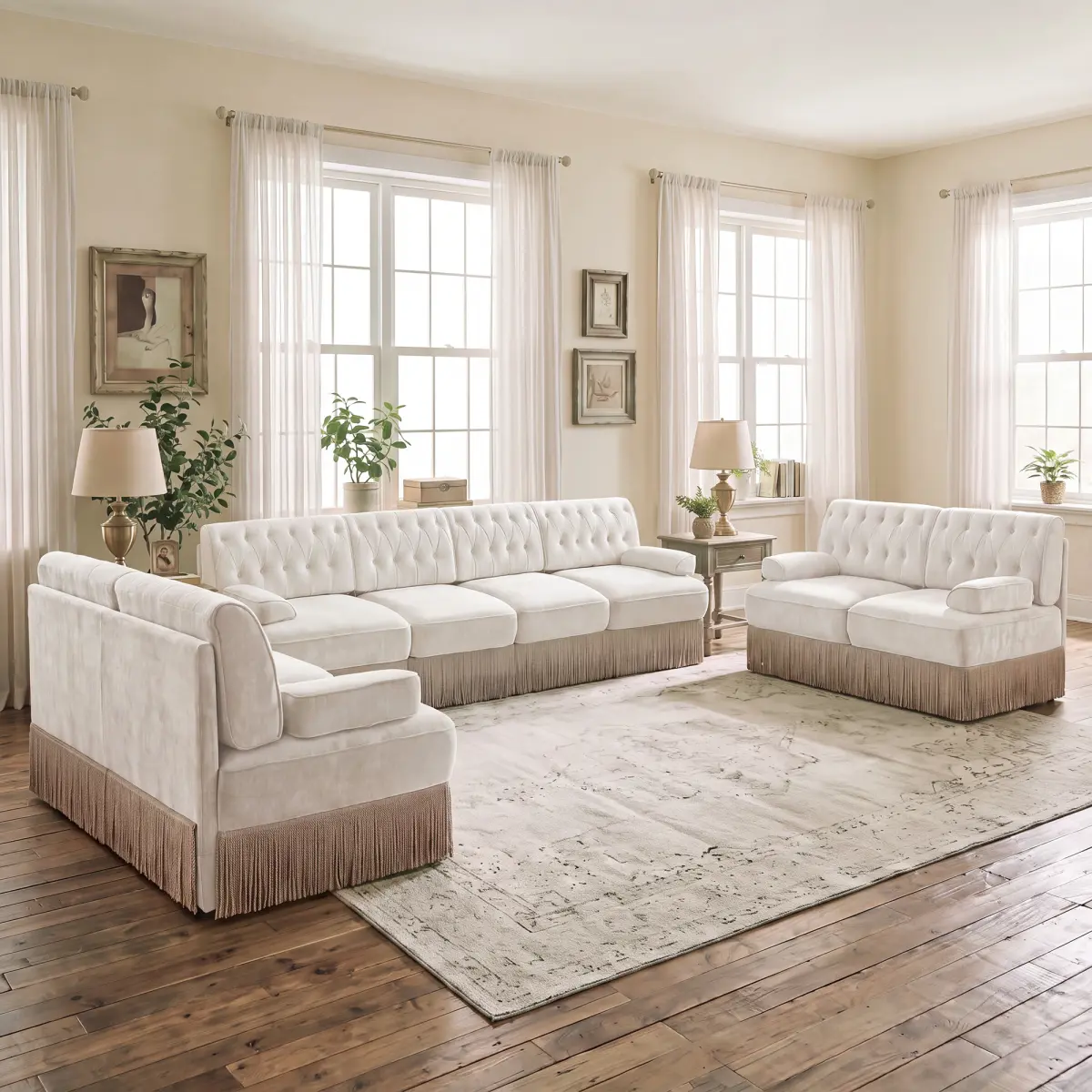 3-Piece Beige Chesterfield Sofa Set - 4-Seater Couch, 2 Loveseats, Button-Tufted Upholstery, Tassel Fringe Skirt, High-Density Foam Cushions, Curved Arms for Family Room Apartment (Sofas for Living Room)