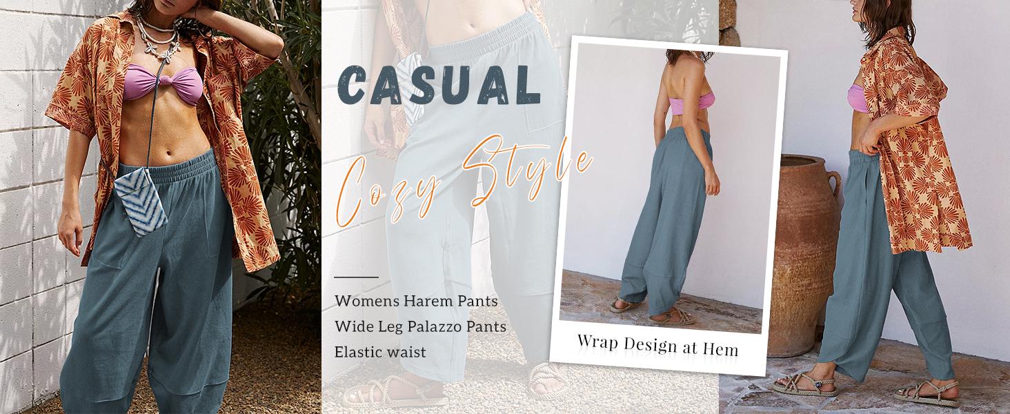 Tanming Women’s Harem Barrel Wide Leg Pants Elastic Waist Baggy Loose Fit Casual Jogger Sweatpants with Pockets Beach Street Coffee Teacher Outfits