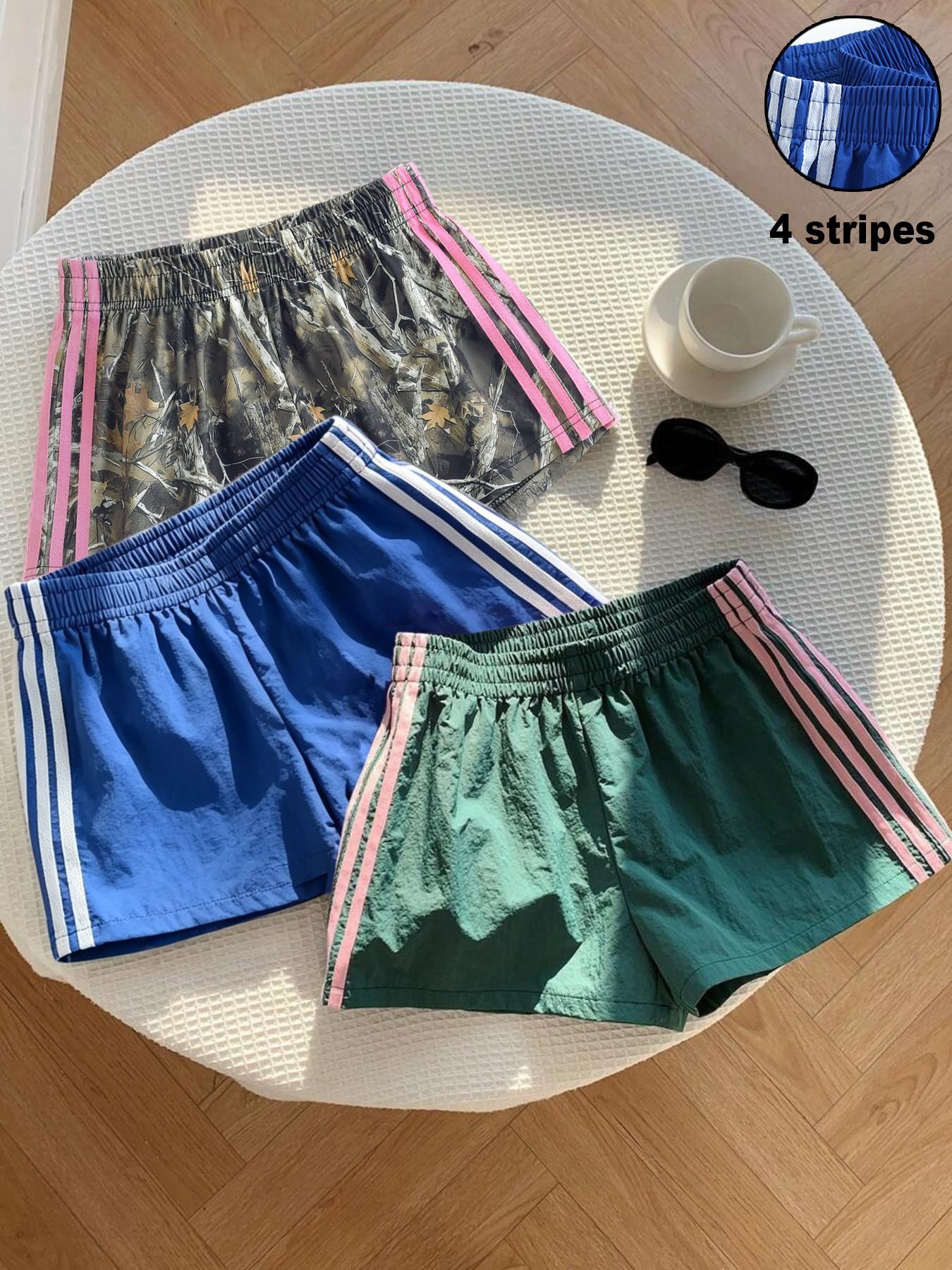 Trendy Comfortable 3-Piece Women's Casual Loose Short Pants, Side Stripe Design, Striped, Elastic Waist, Perfect for Spring Summer Carnival Activities, Casual Fashionable Shorts