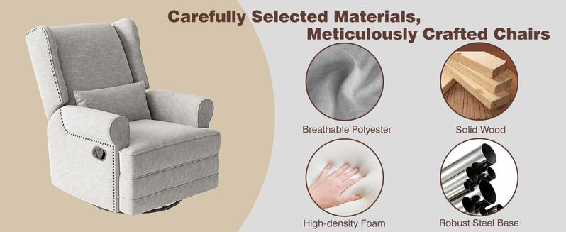 RoyalCraft Swivel Recliner Chair with Adjustable Back and Footrest, Upholstered Glider Rocker with  Pillow, Accent Armchairs with Carbon Steel Base,Comfy Nursery Rocking Chair for Living Room, Bedroom