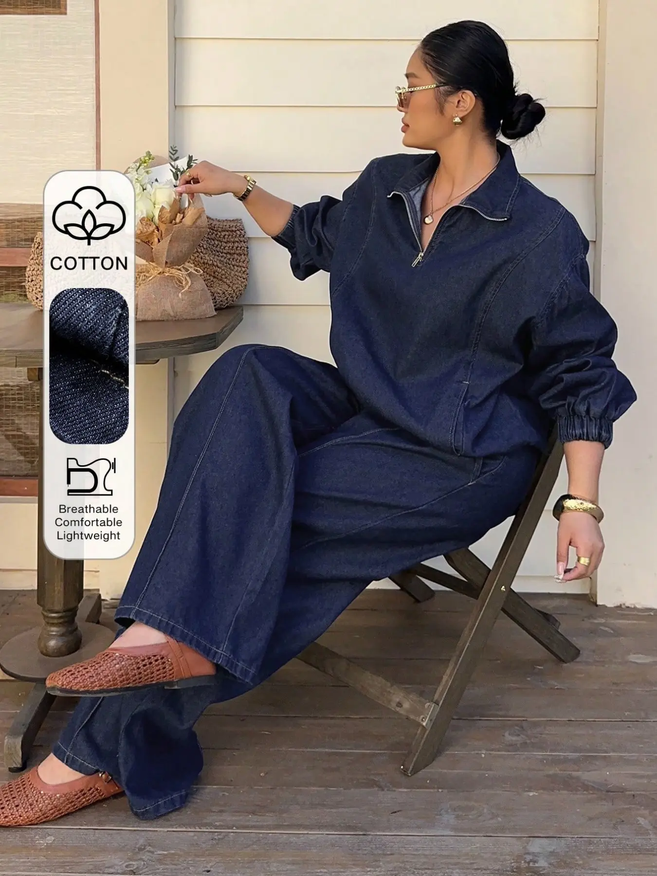 【Black Friday】Women's Plus Size Denim Two-Piece Set, Loose-Fit Zipper Long Sleeve Top and Wide Leg Pants, Casual Comfortable for All Seasons