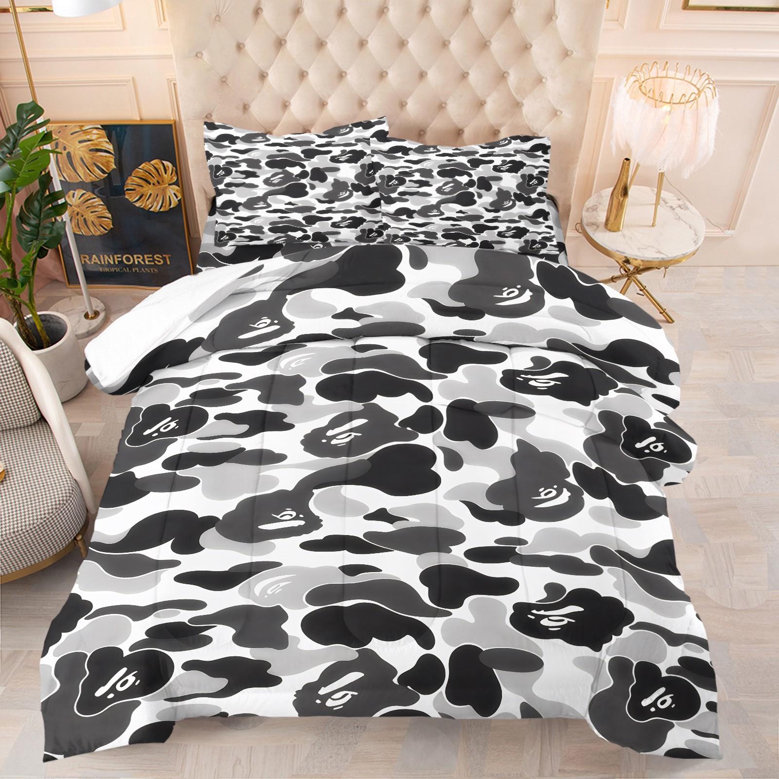APBE Black White Ape Head Camo Comforter Set, 1 Comforter & 1-2 Coreless Pillowcases, ABC Camo & Ape Head Design, Comfortable Warm Bedding, Minimalist Trendy Industrial Bedroom Decor, Teens & Fans Gift