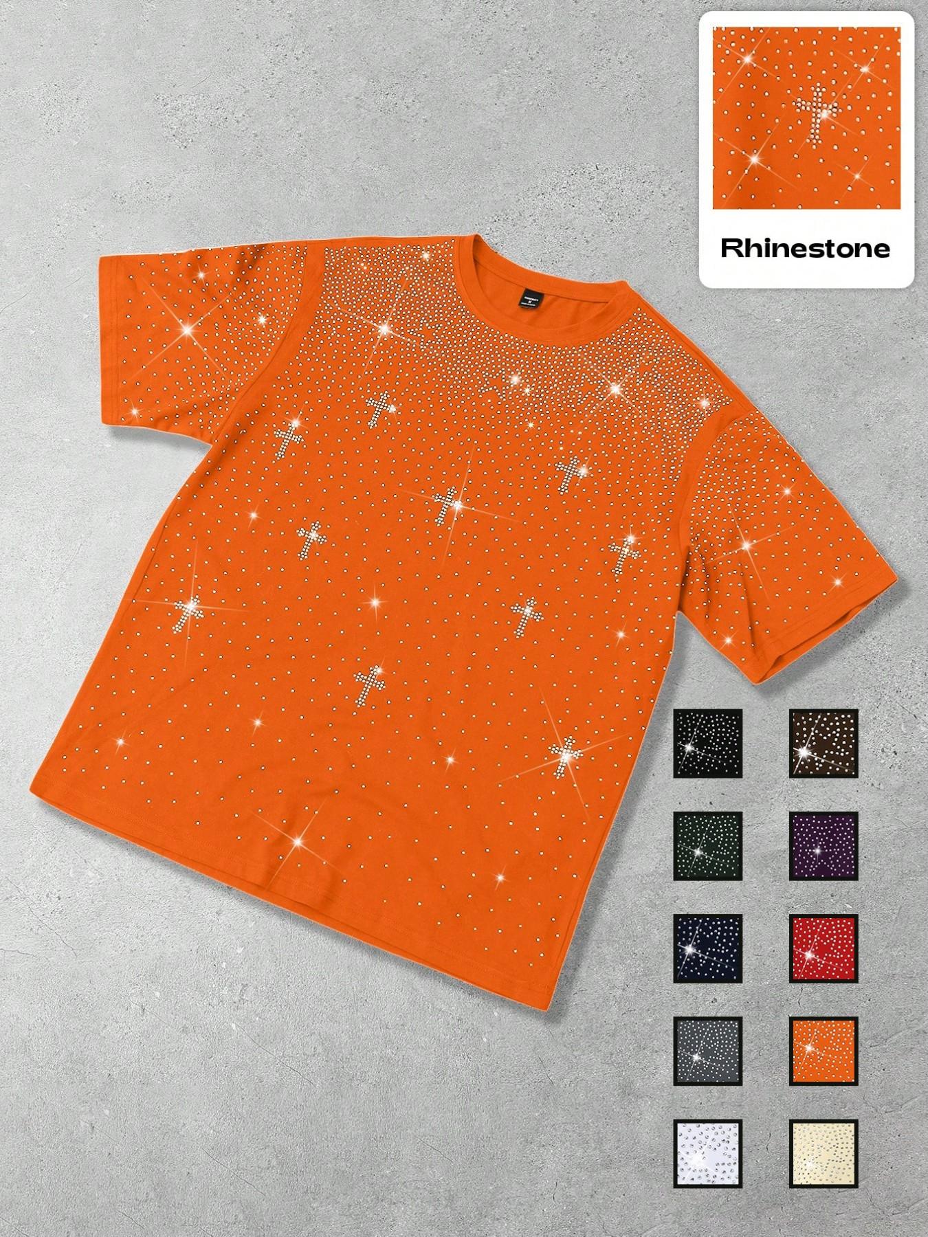 Men's Gothic Cross Rhinestone Embellished T-Shirt | Lightweight Breathable Polyester, Black Base with Sparkling Rhinestone Star & Cross Print, Oversized Fit, Y2K Streetwear Casual Tee, Ideal for Party, Night Out, Urban Street Style & Edgy Looks