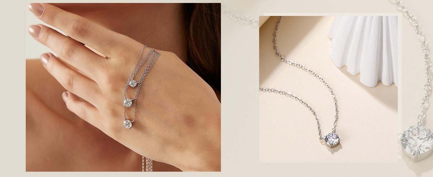 1 Carat CZ Solitaire Tennis Necklace for Women| 925 Sterling Silver Round Cut Cubic Zirconia, Elegant Everyday & Anniversary Jewelry Gift