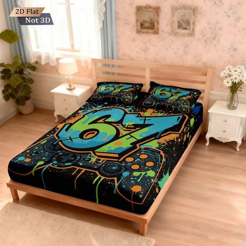3-piece gaming style game controller bed sheet set (1 * bed sheet+2 * pillowcase, no core) gaming style bedding set/mattress protective cover, soft and breathable, suitable for home and room use