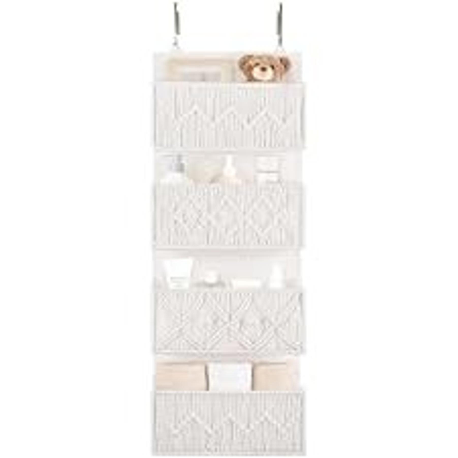 Over The Door Hanging Basket 4-Tier Woven Boho Wall Mounted Storage Organizer with Hooks for Bedroom Nursery Bathroom Apartments Dorm Pantry Decor, Jute