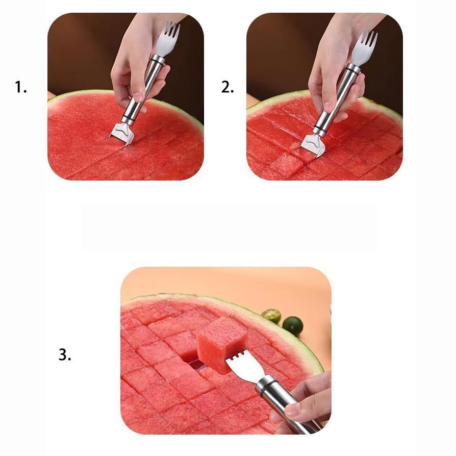 Stainless Steel Dual-Head Watermelon Slicer Fork, Multi-Functional Fruit Divider, Perfect for Cutting Watermelon Pulp Blocks