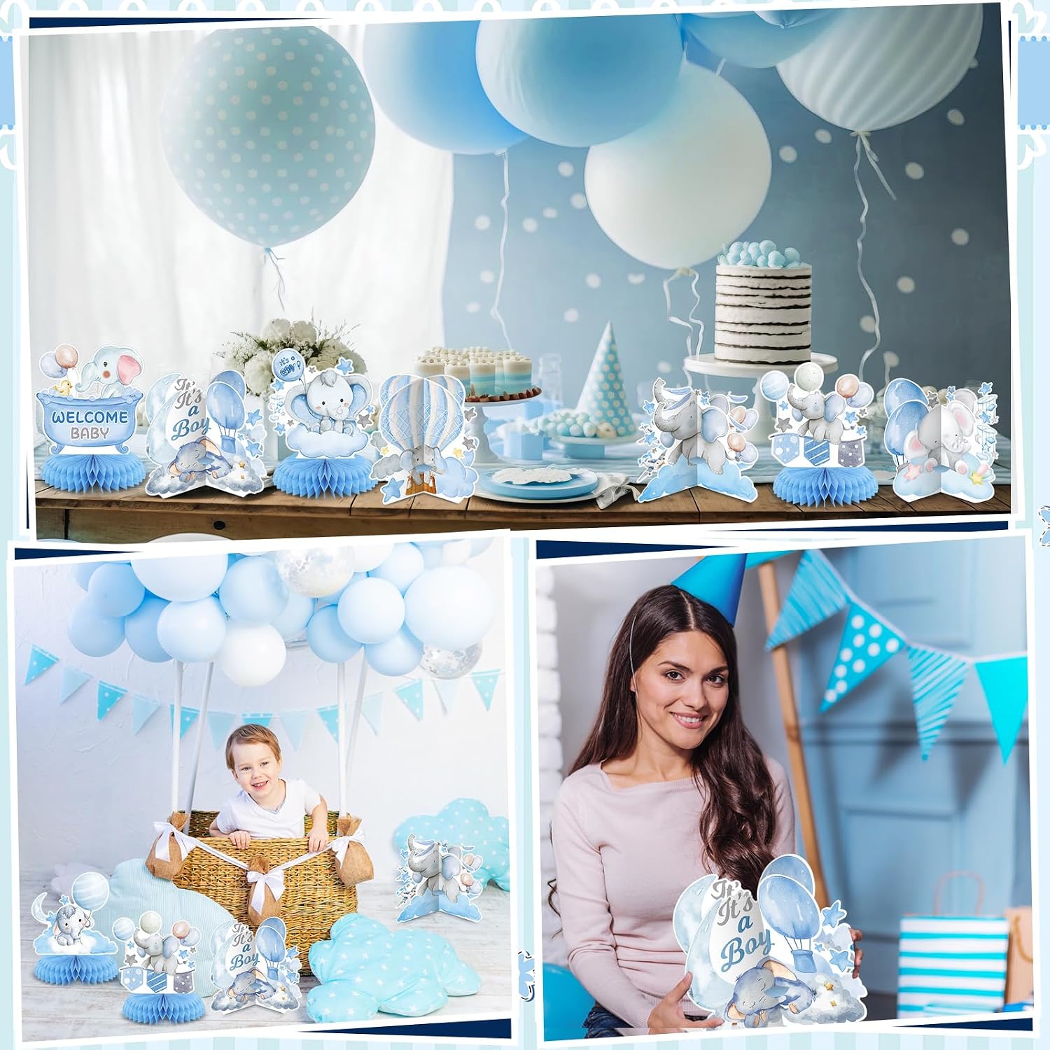 12-Piece Honeycomb Tabletop Decorations Set - Balloons, Star, Moon, Elephant Table Toppers for Gender Reveal, Baby Shower, Birthday Party Supplies