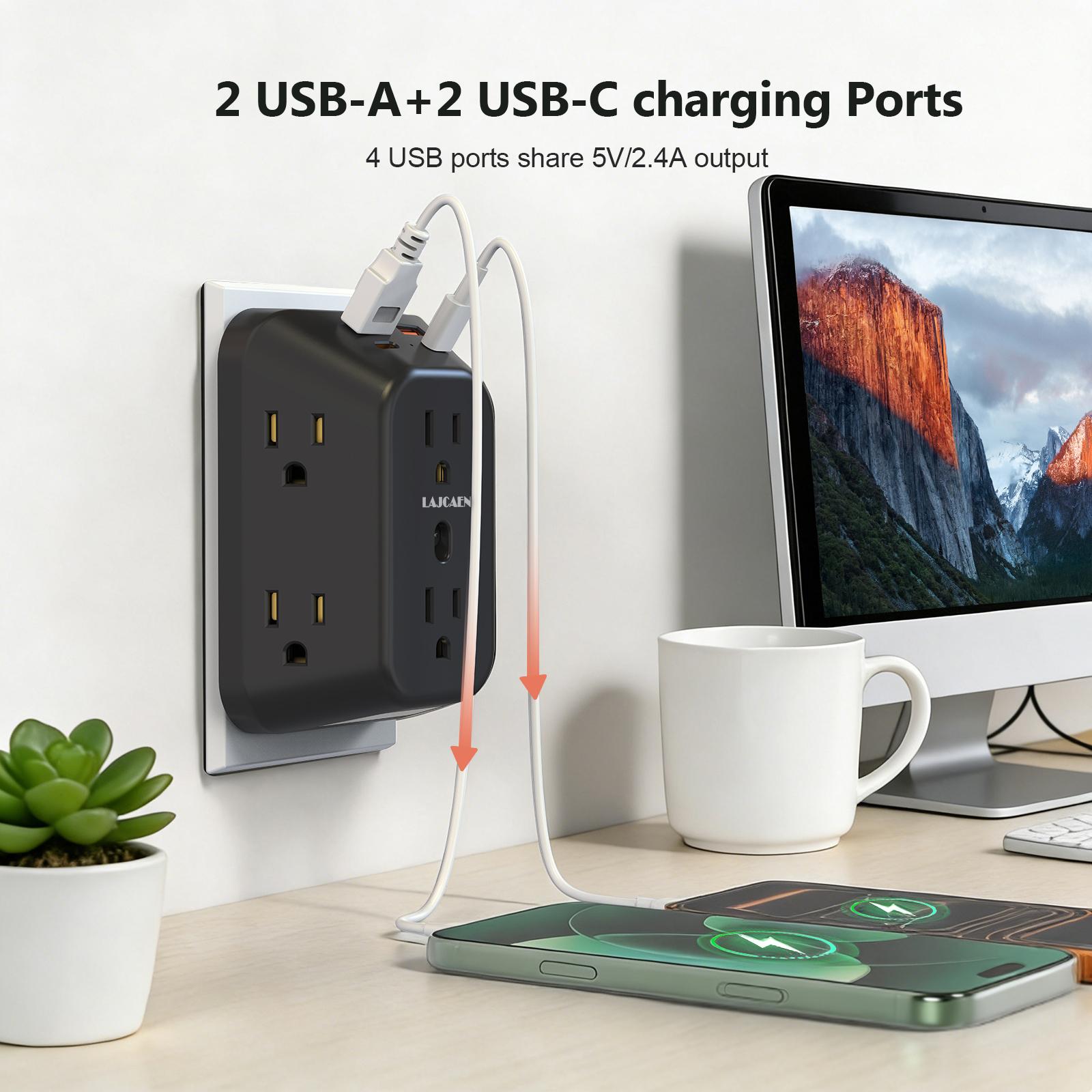 Multi Plug Outlet Extender Surge Protector with Night Light, 6 Outlet 4 USB(2A2C) Wall Adapter,  4 Sided Design, Touch Control 3 Level Night Light, 1050J Surge Protection for Home Travel