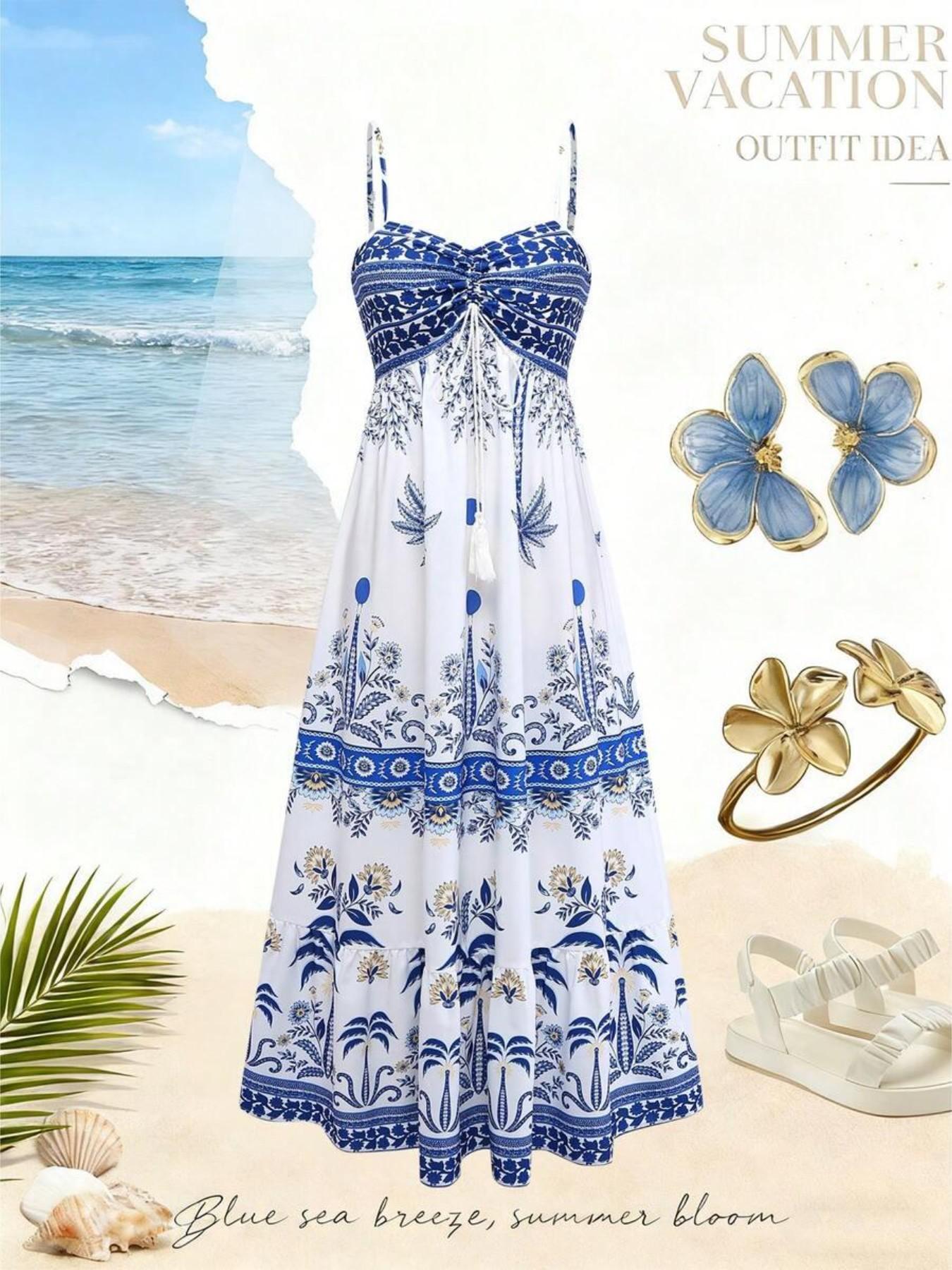 Women's Printed Thin Strap Tie Waist A-Line Dress, Elegant Casual Style, French Streetwear Vintage Look, New Summer Blue Sleeveless Long Dress, Dress For Summer