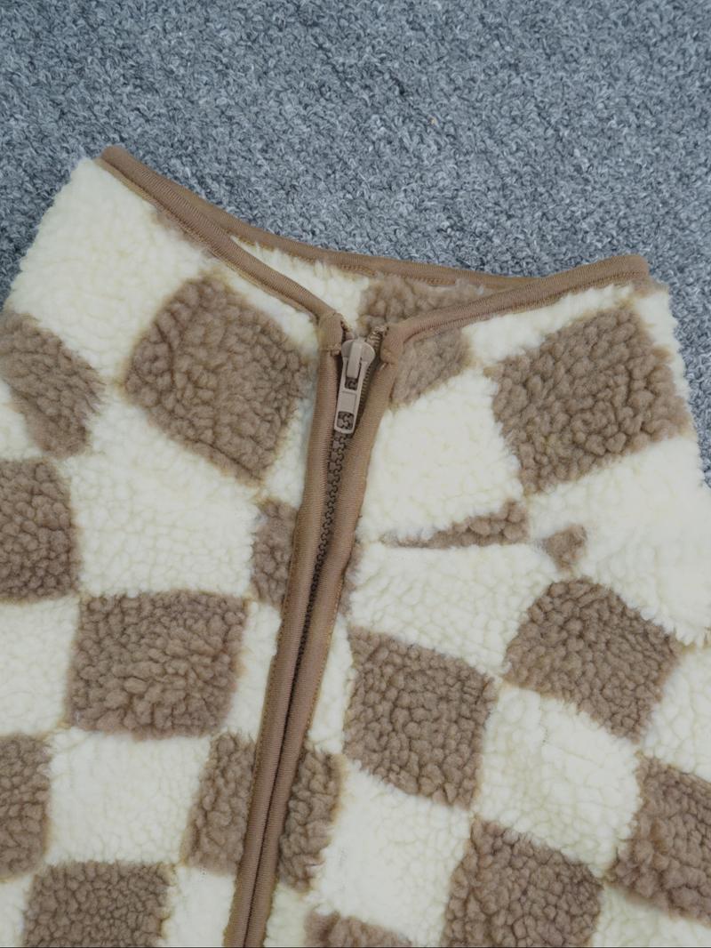 Ins style checkerboard plush vest women's autumn and winter outerwear short style shoulder retro square grid loose vest jacket top