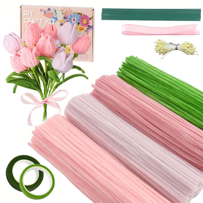 400pcs DIY Colored Floral Pipe Cleaners Material Set, Includes Floral Wire, Tape, Stamens, Ribbon, DIY Handmade Floral Material Set, Creative Gift and Decoration Suitable for Women, Birthday/Valentine's Day, for Diy Flower Decor (Color Box Style Random)
