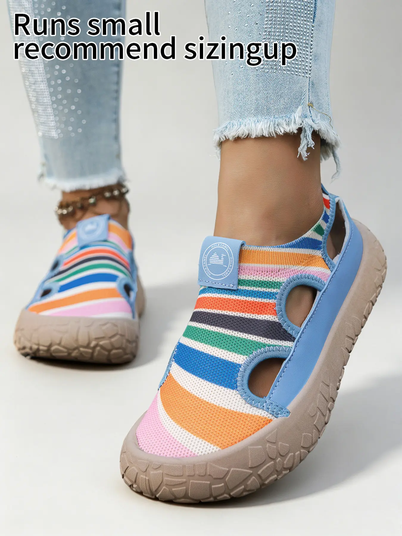 Women Colorful Striped Knit Closed Toe Platform Sandals, Hollow Out Cutout Slip On Fashion Casual Shoes, Trendy Color Block Daily Outdoor Travel Walking Footwear for Ladies
