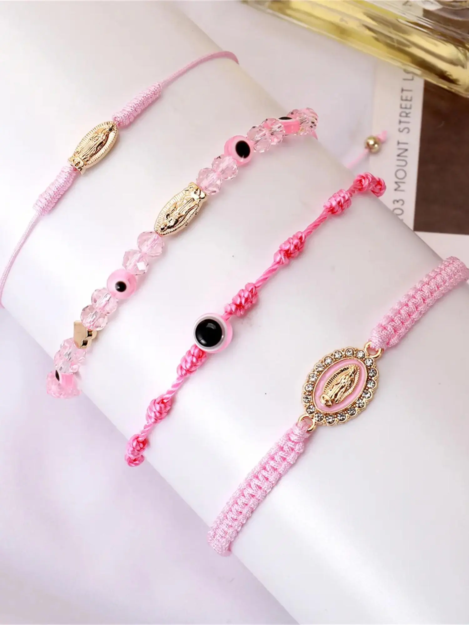 4-Piece Charm Bracelets Set with Rhinestones, Braided Rope Spiritual Jewelry for Couples with Evil Eye Heart & San Judas Charms, Matching Bf and Gf Gift, Men's Accessories, Mens Gifts, Boho Bracelet Stack