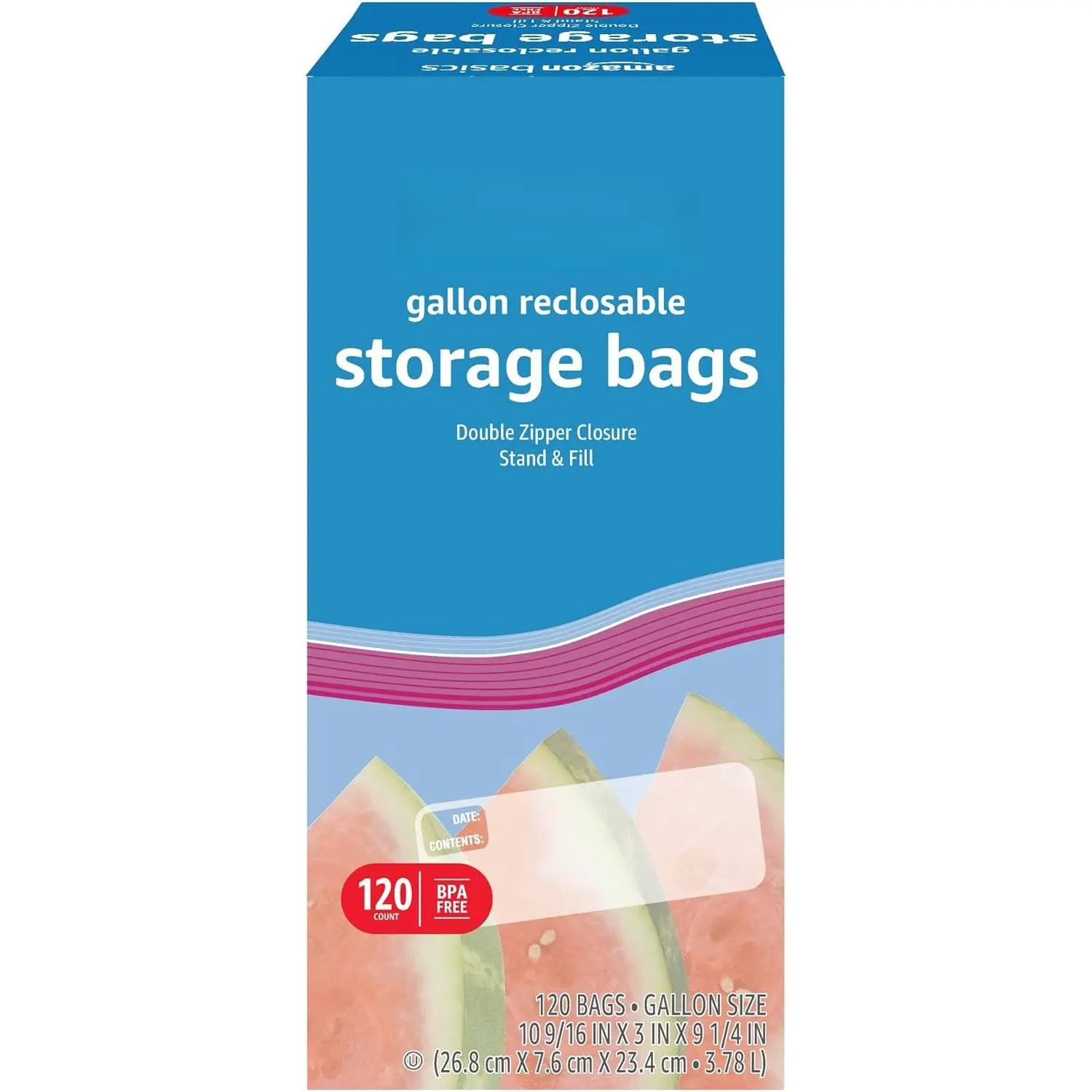 Reclosable Gallon Food Storage Bags with Double Zipper Seal, Stand and Fill Base, BPA Free, 120 Count