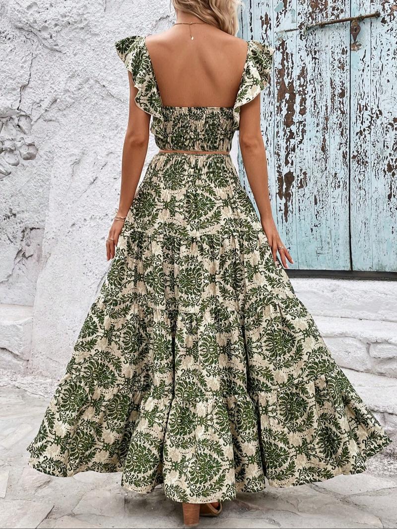 Women's All Over Print Fitted Crop Tank Top & Skirt Two-piece Set, Elegant Fashion Casual Top & Skirt for Daily Outdoor Wear, Ladies Outfits for Summer