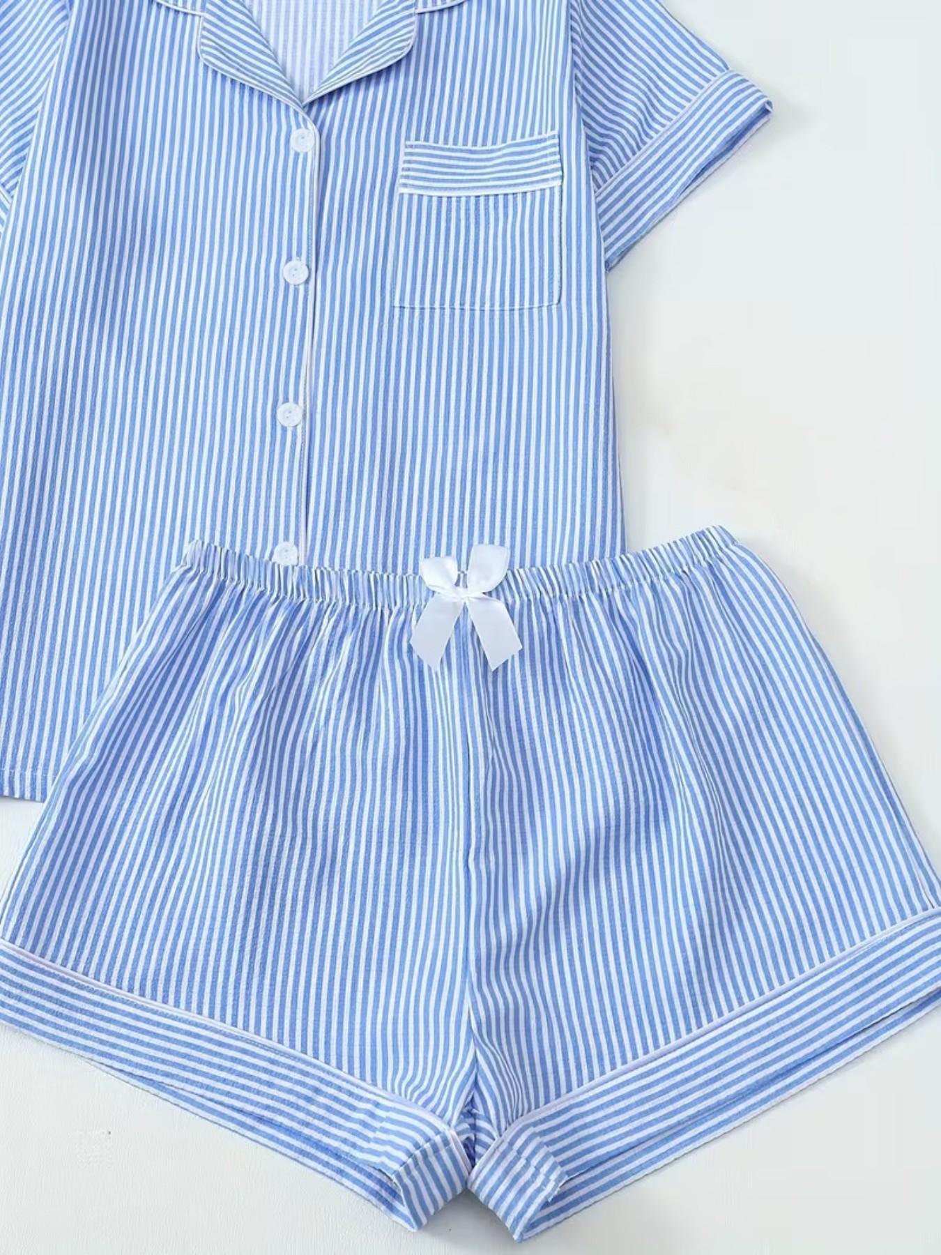 Women's Button-Down Short Sleeve Collared Pajama Set, Gingham Print, Contrast Trim, Loose Fit, Breathable Spring Summer Home Wear
