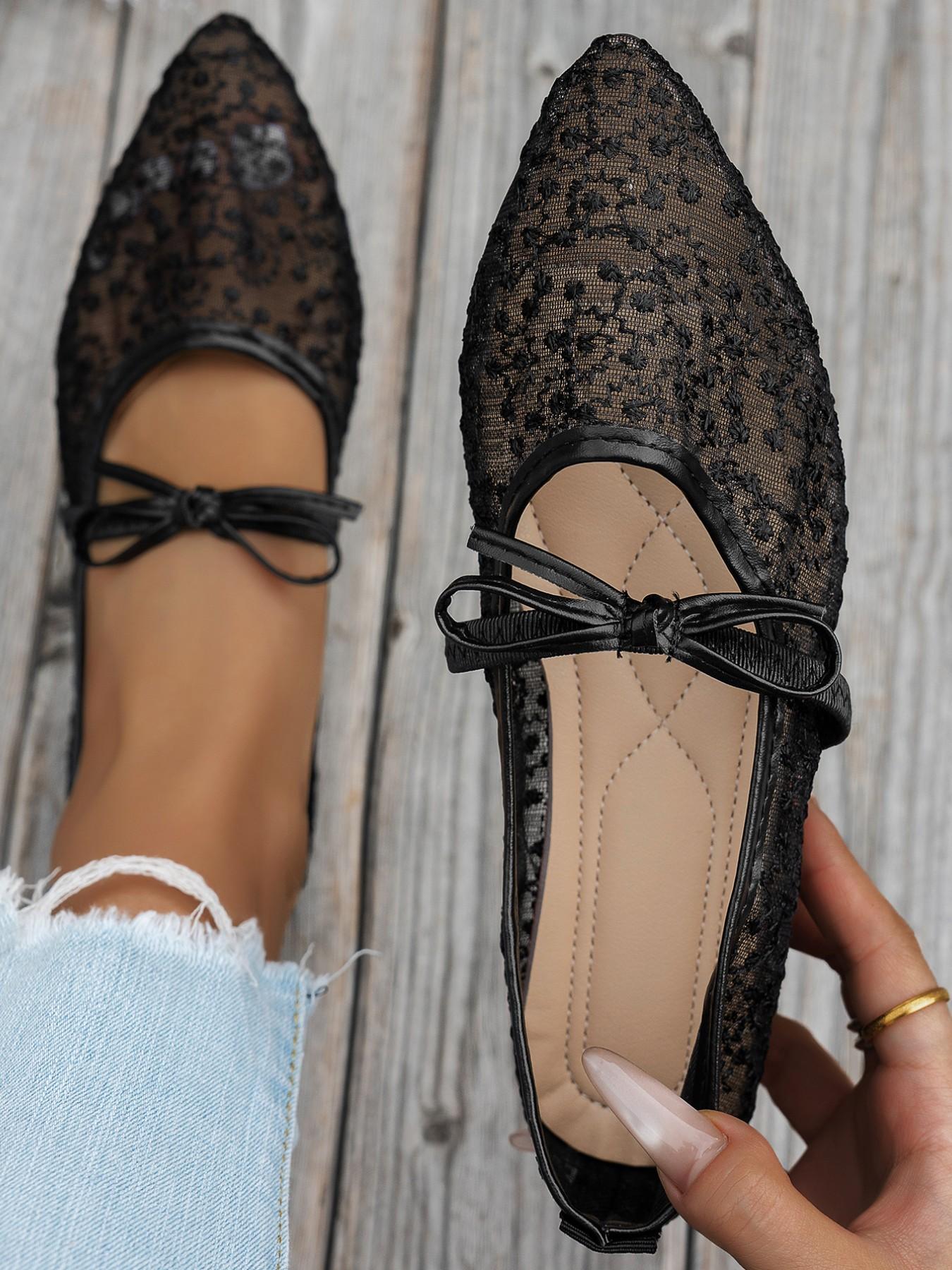 Women's Elegant Lace Pointed Mary Jane Sandals, Delicate Mesh Embroidery, Bow, Comfortable Flat Sole, Spring Summer Casual Shoes, Pointed Toe Flats, Mary Jane Flats