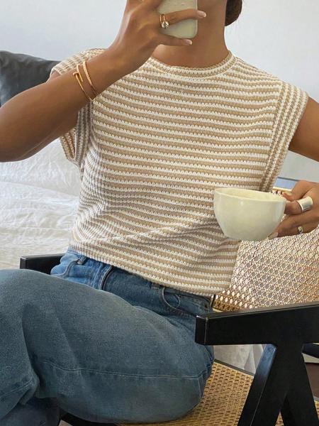 Women's Striped Print Crew Neck Tee, Casual Slim-fitting Cap  Sleeve T-shirt, Ladies Summer Clothes for Daily Wear, Top