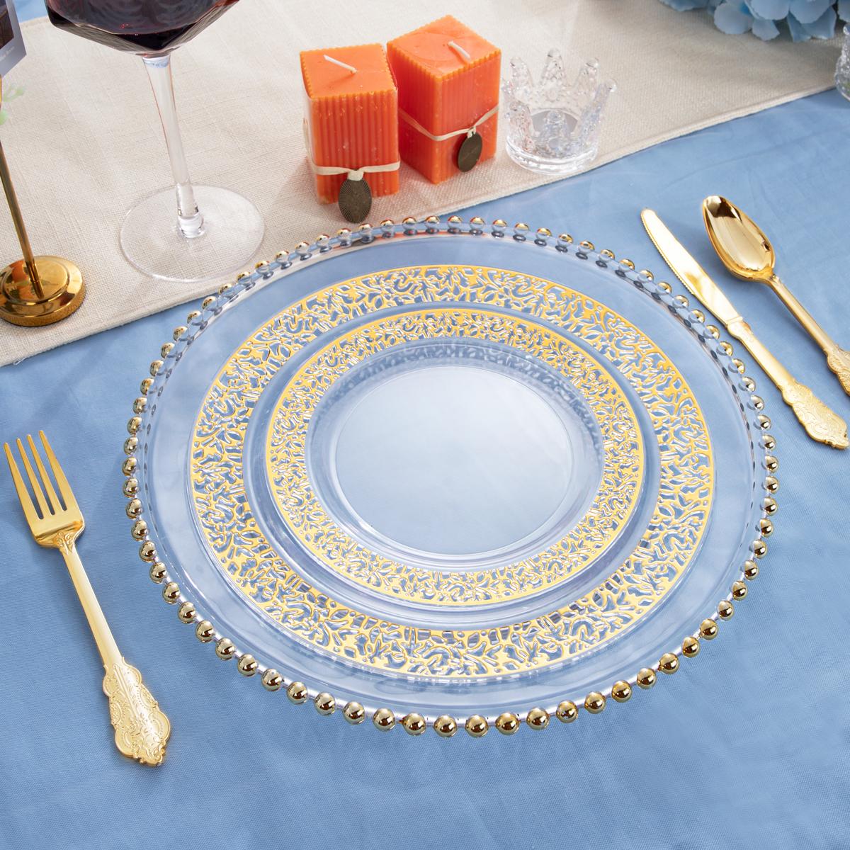 Clear/Gold/Silver/Rose Disposable Plates and Silverware Set: Dinner Plates,Dessert Plates, Cups, Knife, forks, spoons-Perfect for Party