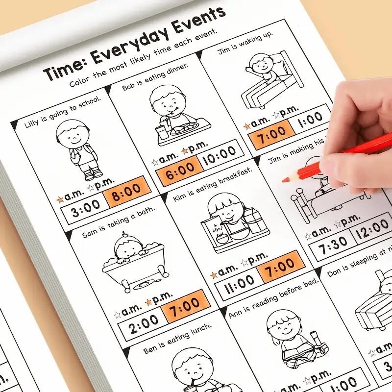 32 Page Math Clock Time Practice Book, Fun Mathematics Book for Preschool to Grade 1, Arithmetic Book, Suitable for Home or School Use