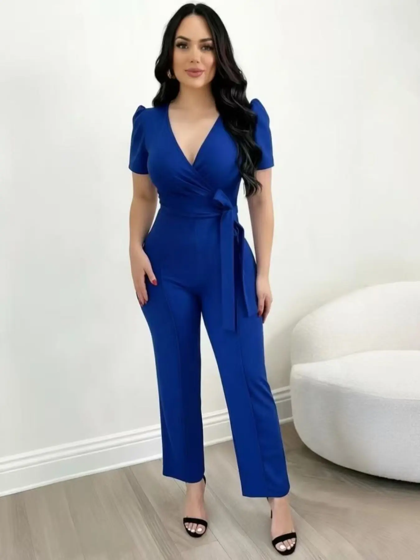 Women's Solid Color High Waist Belted Wrap Puff Sleeve Jumpsuit, Elegant Deep V-Neck Straight Leg Jumpsuit, Women's Summer Clothes for Office