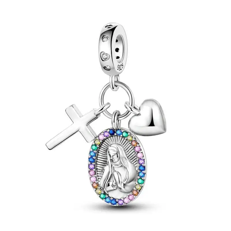 Silver Plated Anti-Oxidation Virgin Mary Cross Heart Charm Pendant Rainbow Zirconia Confirmation Gift Everyday Wear Spiritual Faith Jewelry Solid Metal Bracelet Bead