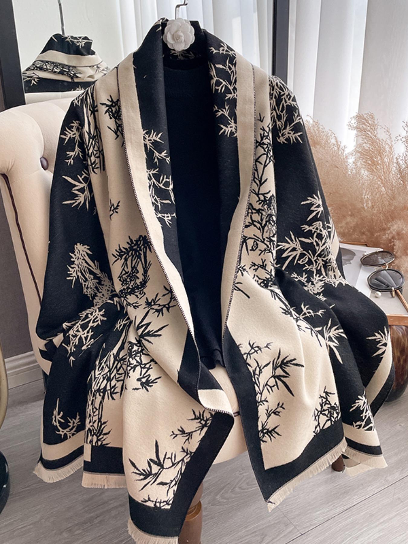 Women's Floral Pattern Raw Trim Shawl, Girlfriend Gifts, Imitation Cashmere Long Scarf, Casual Soft Warm Thick Double Sided Scarf for Fall & Winter, Fashion Accessories for Daily Wear