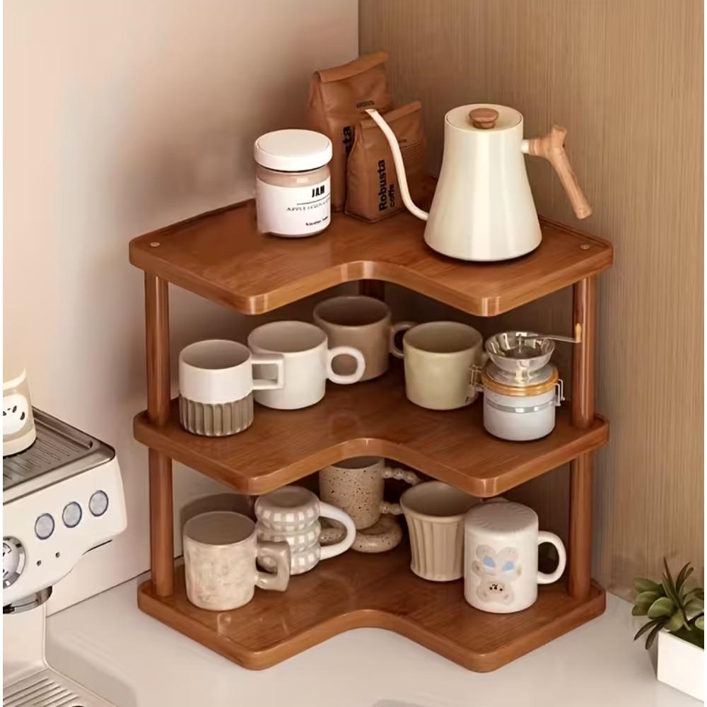 Space-saving curved corner shelf, multi-layer countertops, cabinets, laundry storage units, easy-to-assemble corner shelves, suitable for small spaces, coffee station organizers, practical shelving units