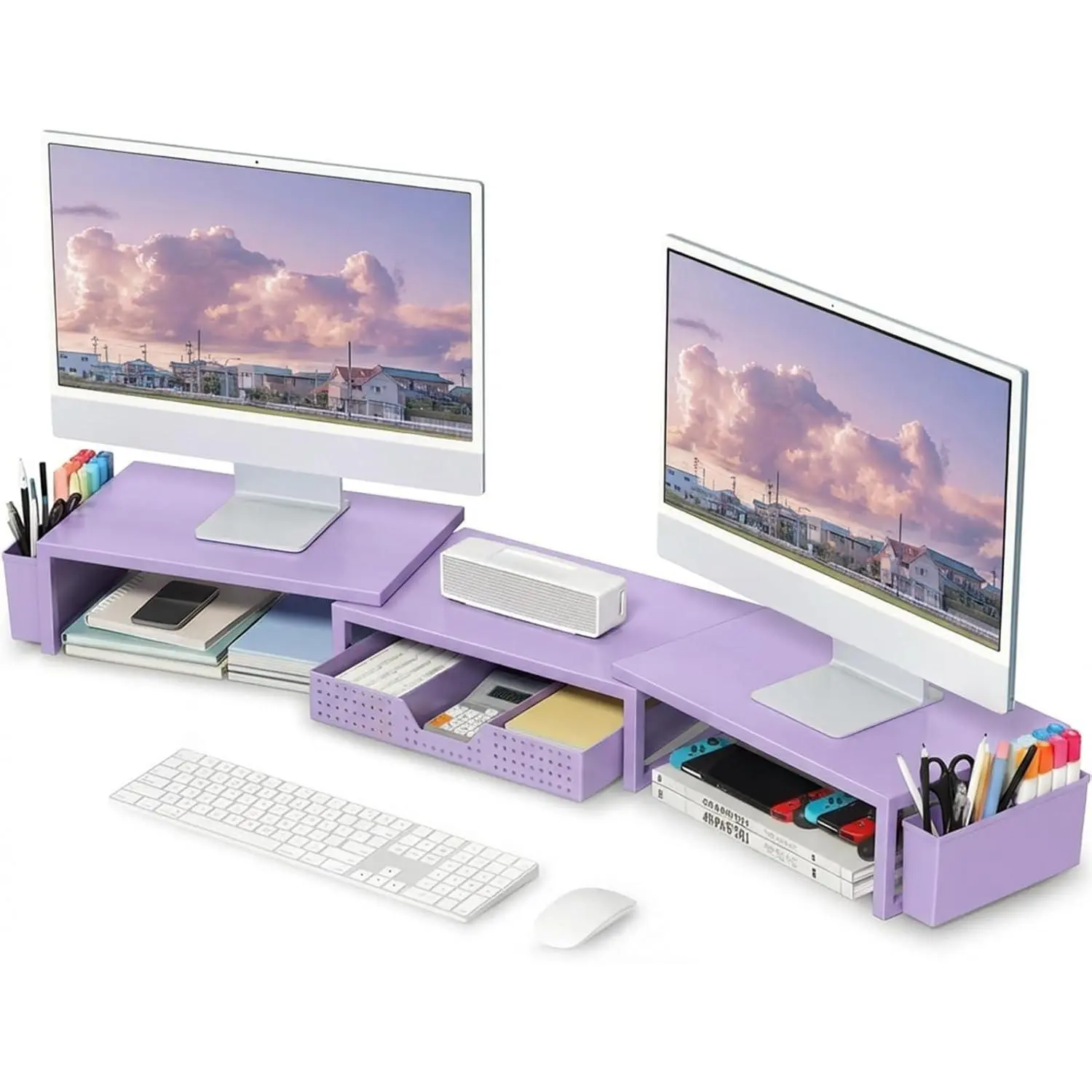 Dual Monitor Stand Riser with Drawer and 2 Pen Holders, Desk Shelf Computer Racks and Printer Stand for Office Workspace, Desktop Organizer with Accessories (Purple)