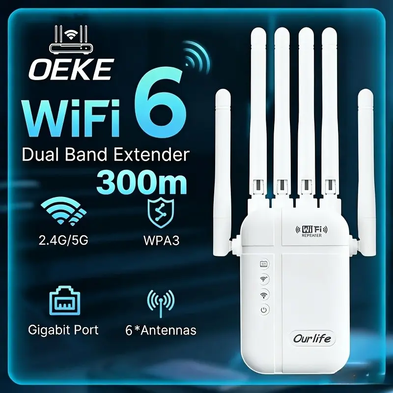 Wi-Fi 6 Signal Booster and Mesh Network Extender - Dual-band 2.4GHz/5GHz, 6-Antenna High-Speed System, One-Click Setup, Whole-Home Coverage, Works with Smart TVs, Game Consoles, Smartphones, Tablets, and Smart Home
