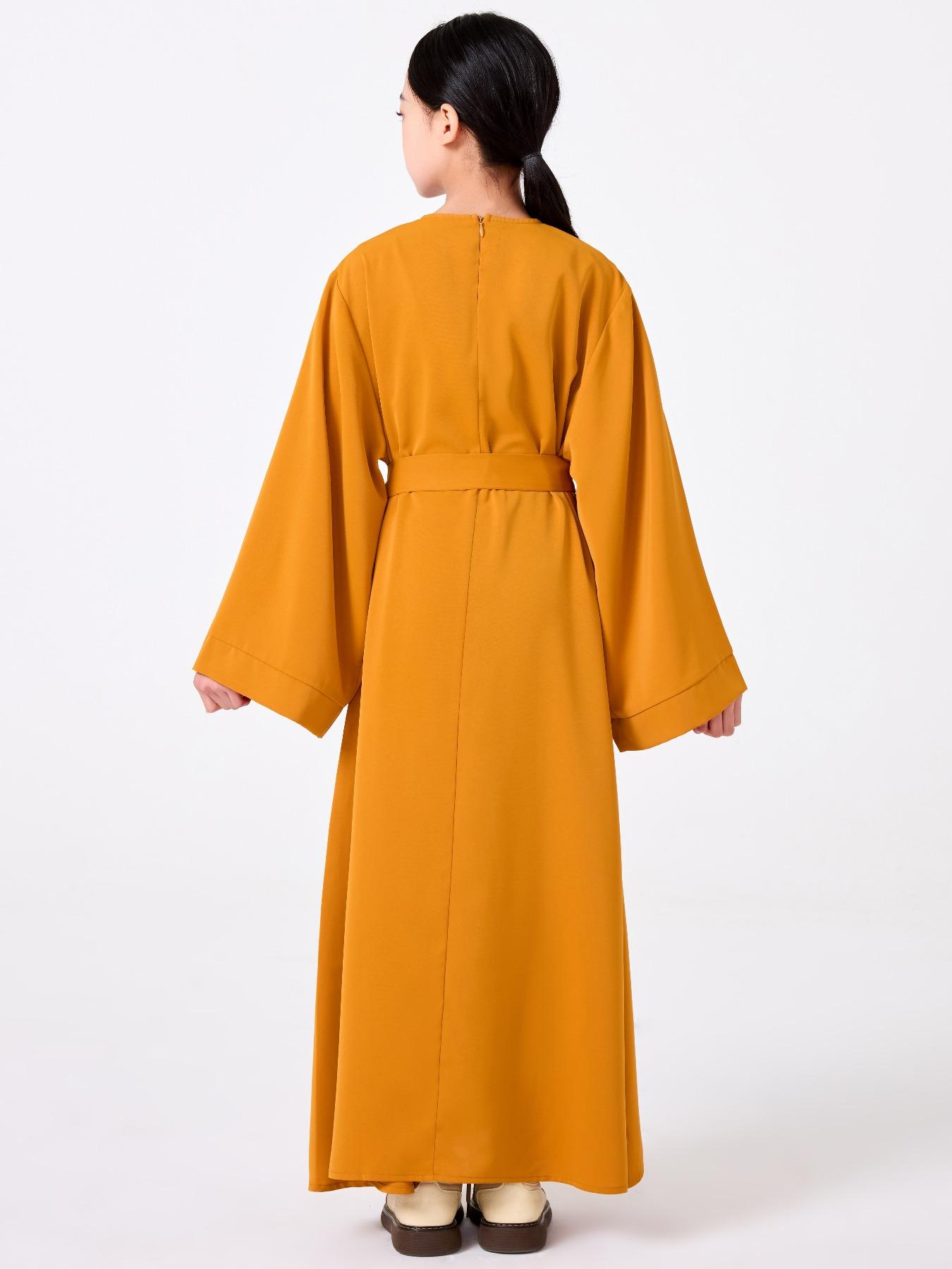 Girl's Solid Belted Dress, Modest Long Sleeve Dress for Daily Wear, Kids Clothes for All Seasons