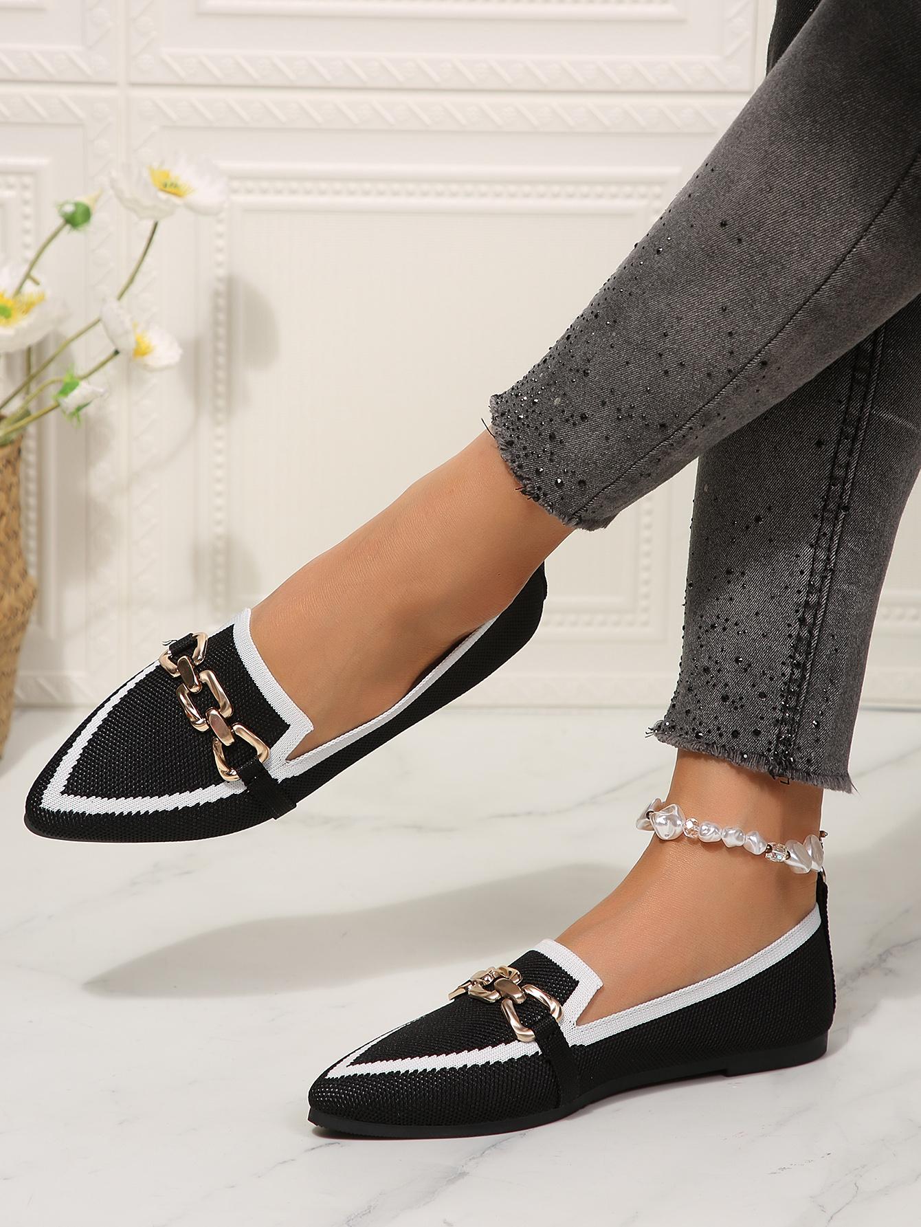 1 Pair Women's  Colorblock Knit Pointed Toe Metal Buckle Flat Loafers, Minimalist Commute Style Breathable Slip-On Shoes, Versatile Elegant Comfortable Professional Footwear for Office Work