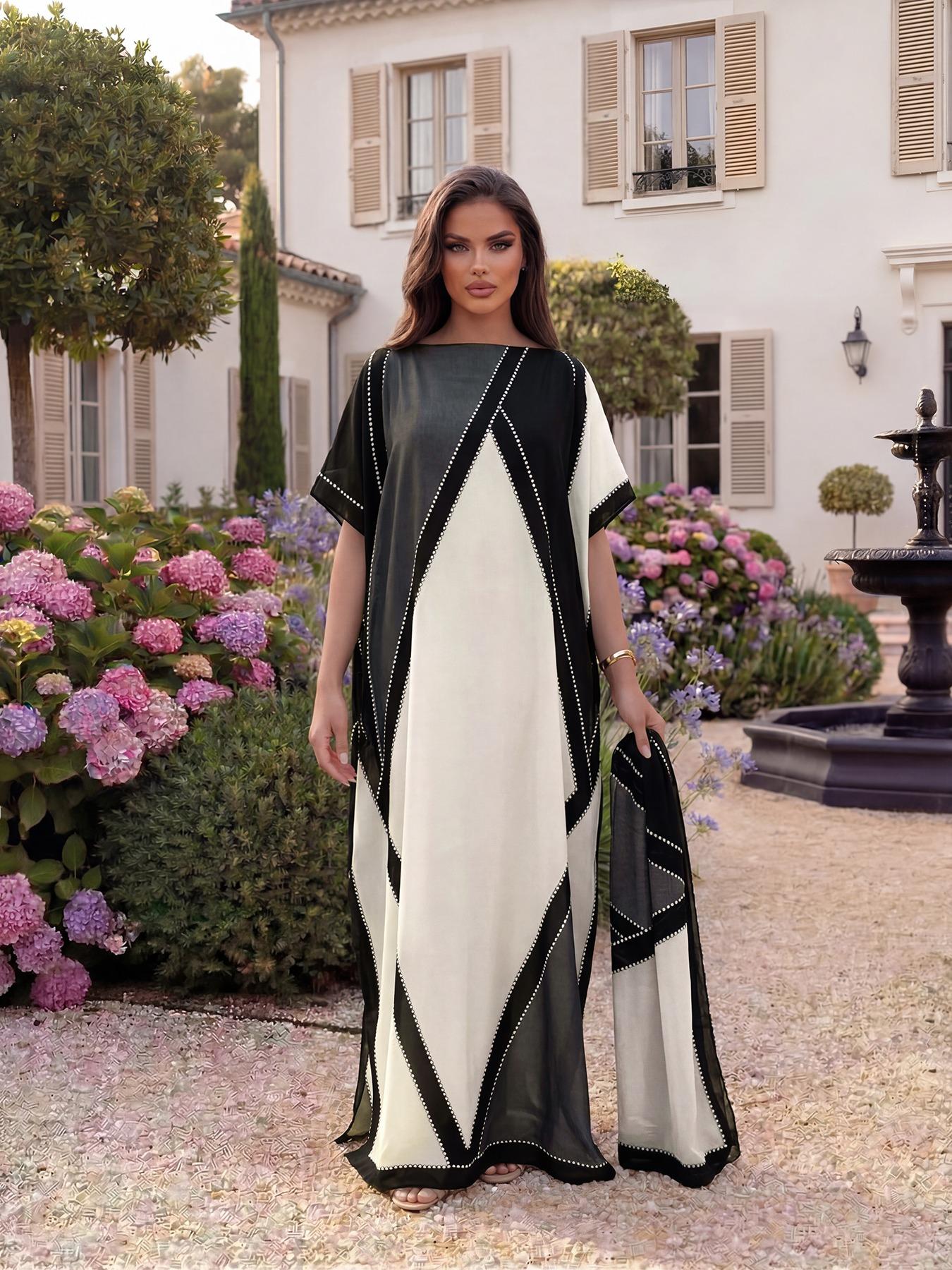Elegant Geometric Print Shawl Set, Fitted Long Robe with Headscarf, Sun Protection Silk Scarf, Beachwear for Women, All Seasons, Swimsuit Coverup, Beach Cover Ups, Swimwear Cover Up