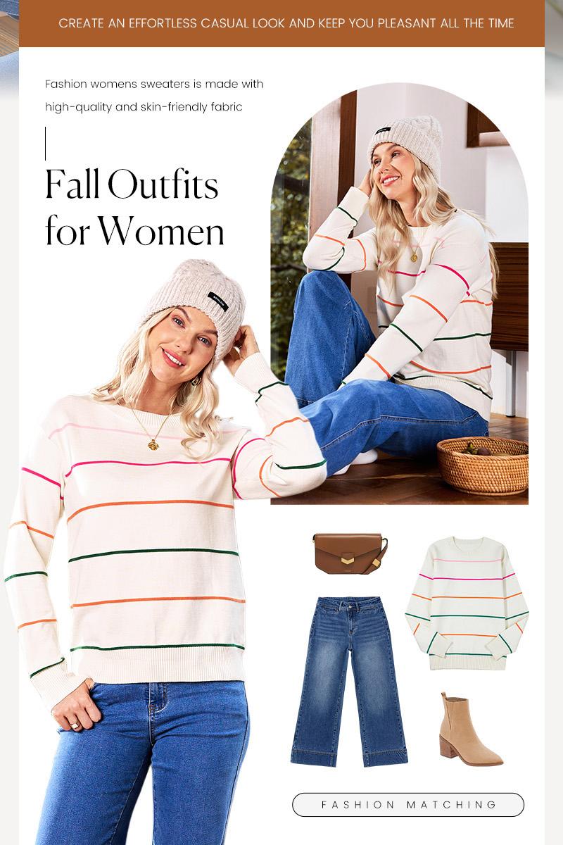 Shewin 2026 Cozy Oversized Striped Knit Sweater Women's Crew Neck Long Sleeve Pullover Comfy Layering for Daily & Office Casual Looks - Womenswear SpringStatements