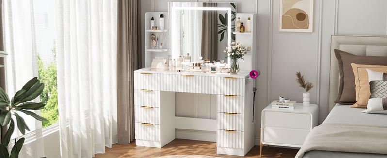 VOWNER Modern Vanity Desk with Mirror and Lights Makeup Vanity Desk with Drawers and Storage Shelves & Power Outlet Hair Dryer Rack Dressing Table with Glass Top