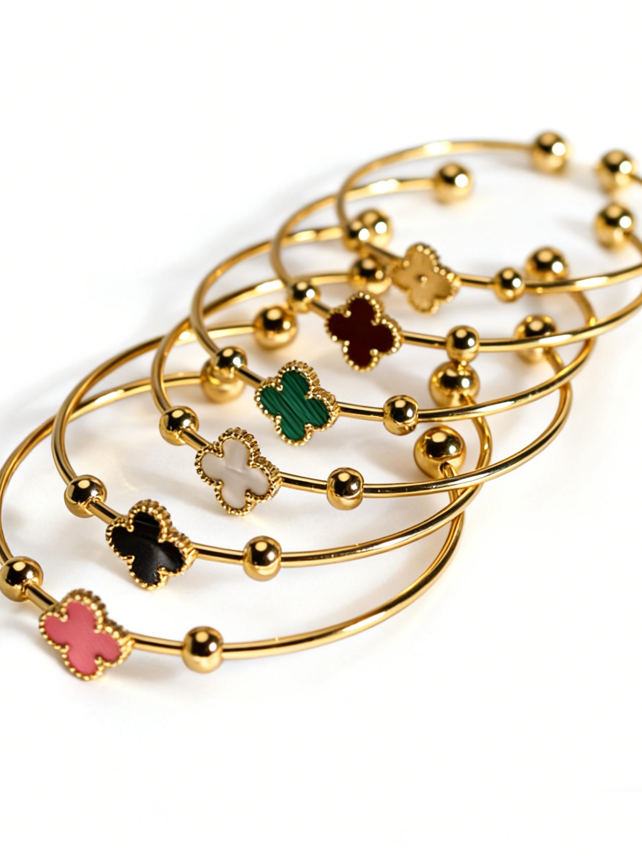 Luxury Clover Bracelet, Unique Court Style Korean Four-Leaf Clover Stainless Steel Open Bracelet, Perfect for Daily Wear, Women's Fashion Accessory