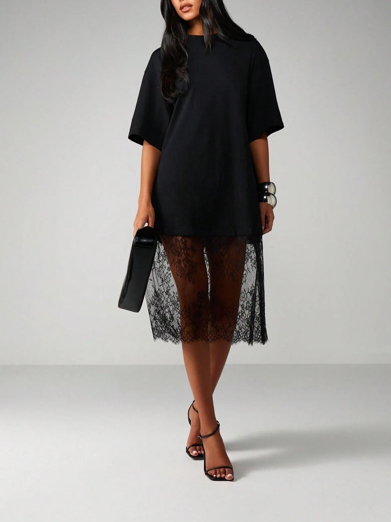 Women's Two-Layer T-Shirt Dress, Womenswear, Crew Neck, Oversized Short Sleeve Knitted Outer, Patchwork, Sheer Floral Lace Midi Underlayer, Soft Breathable Fabric, Casual Daily, Date Night & Party Wear, Edgy Dark Feminine Style