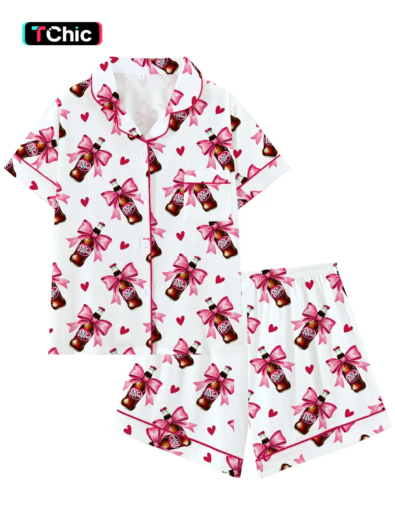 Teen Dr Pepper Collar Short Sleeve Pajama Set, Comfortable Sleepwear, Loungewear, All-Season Loose Fit, Animal Pattern, Perfect Gift