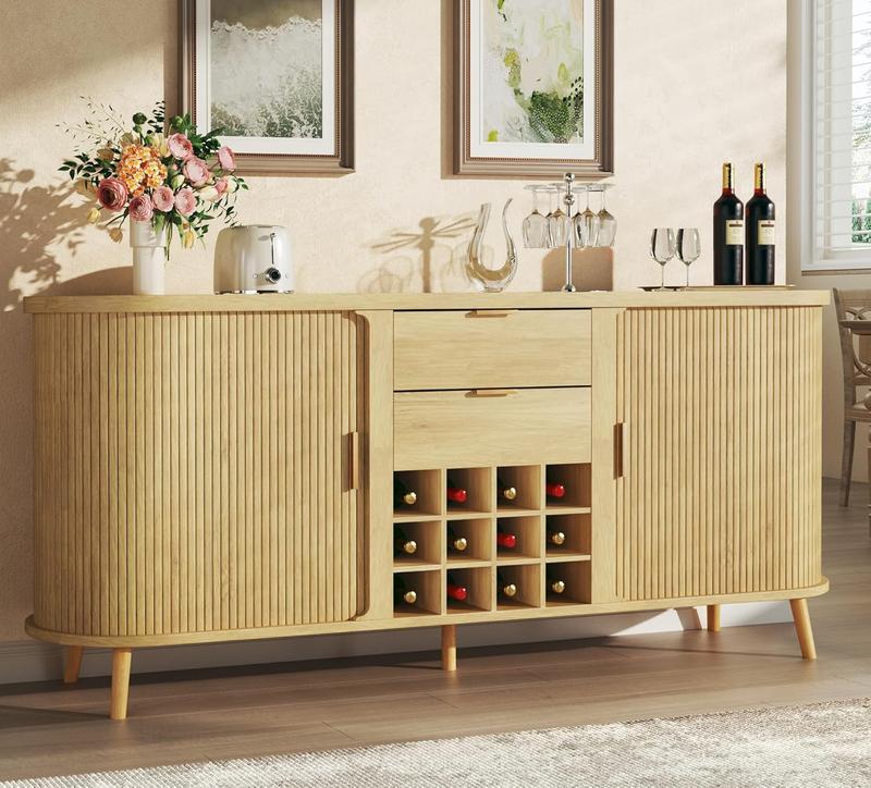 Sideboard Buffet Cabinet with Storage, 58" Fluted Tambour with 12 Wine Tanks, Adjustable Shelves, 2 Drawers, Mid Century Modern Console for Kitchen Living Room