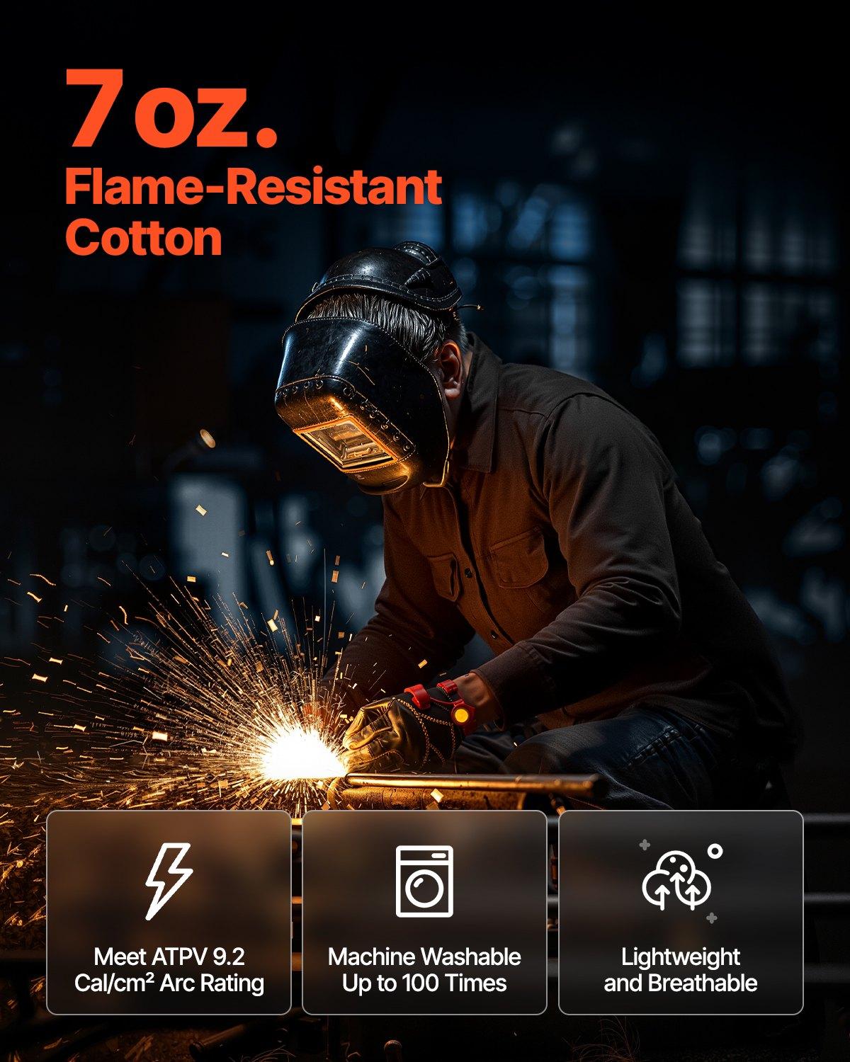 VEVOR Flame Resistant Welding Jacket, 7oz.FR Shirts for Men, Machine Washable Cotton Heat-Resistant Welding Shirt, Meets ATPV 9.2 Cal/cm² Arc Rating - XL Size