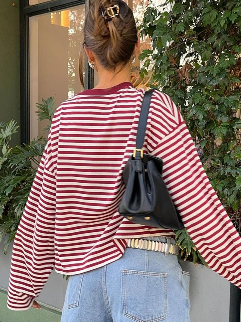 Women's Casual Loose-Fit Striped Long Sleeve Oversized Top, Trendy Street Style Round Neck Pullover