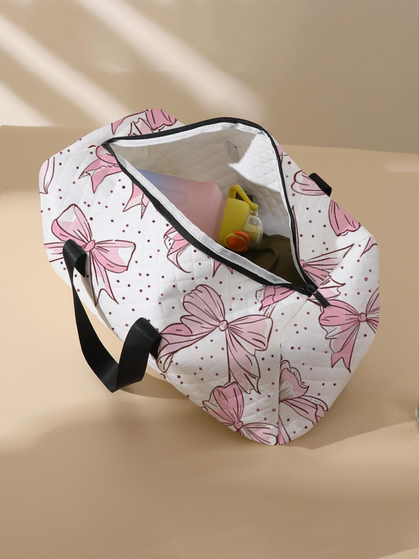 2024 New Style Quilted Bow Pattern Duffle Bag, Large Capacity Travel Bag, Portable Overnight Duffel Bag with Shoe Storage, Fashionable Travel Bag for Women & Girls