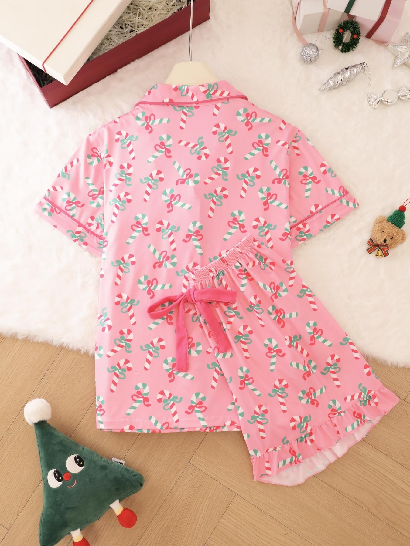 2 pieces of ladies' Christmas cane candy printed short sleeved shorts sleepwear set with buttons, collars, bows, suitable for comfortable and casual home wear in all seasons Pajama Set