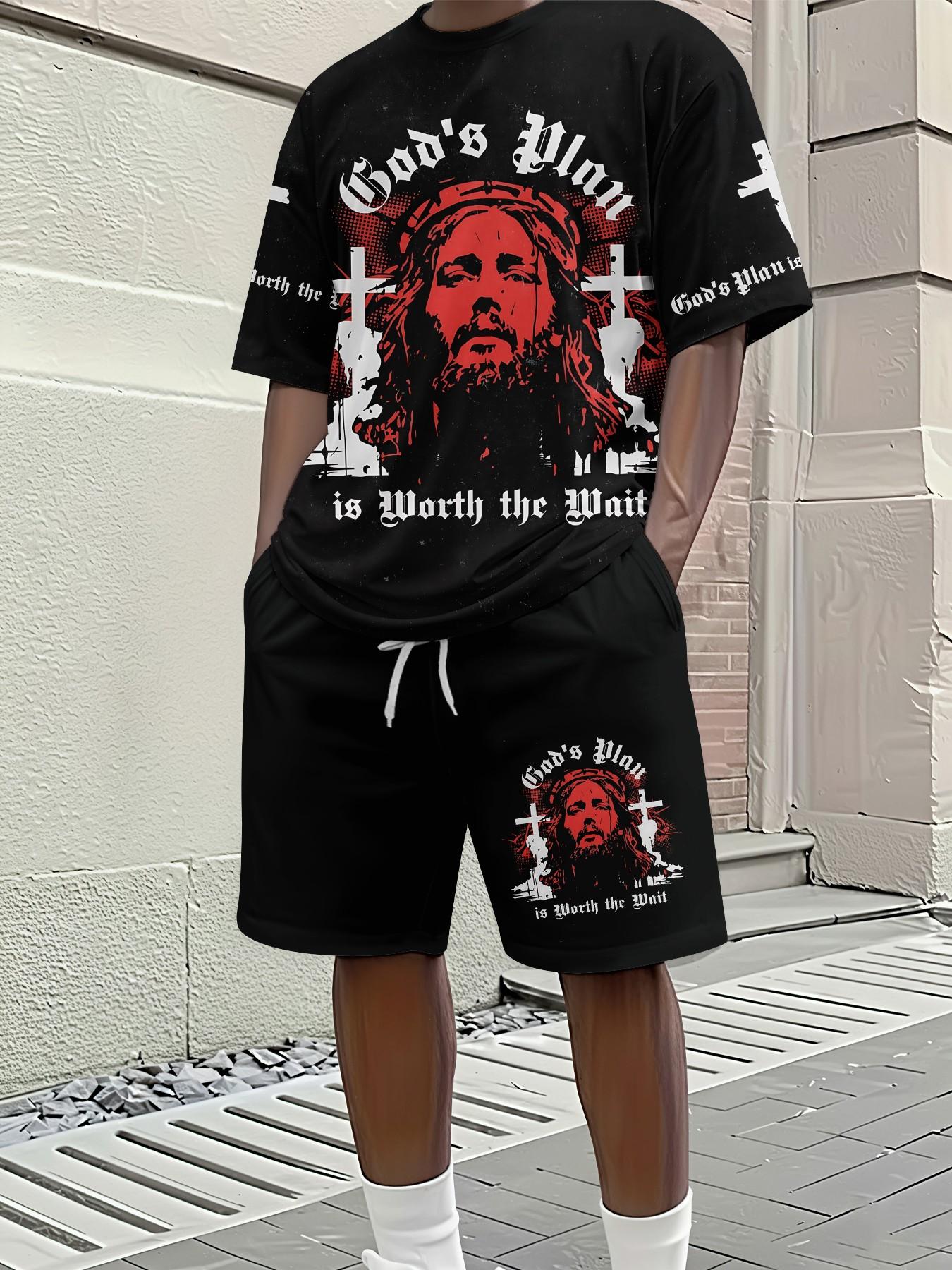 Men's 3D Digital Print Two-Piece Set, Religious Style Jesus Cross Red and Black Print Trendy Men's Set, Vacation Style Trendy Outfit, Breathable Sports Leisure Style, Perfect Holiday Gift for Men