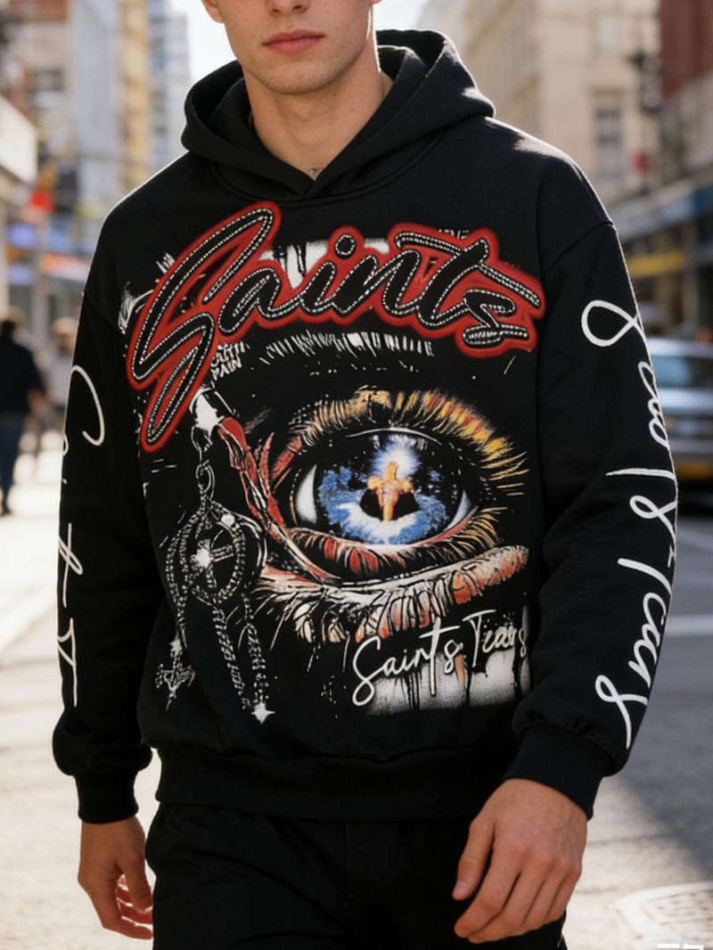 Men's Hooded Sweatshirt Autumn Winter Casual Street Fashion Street Style American Fashion Eye Element English Pattern Print Short Hoodie