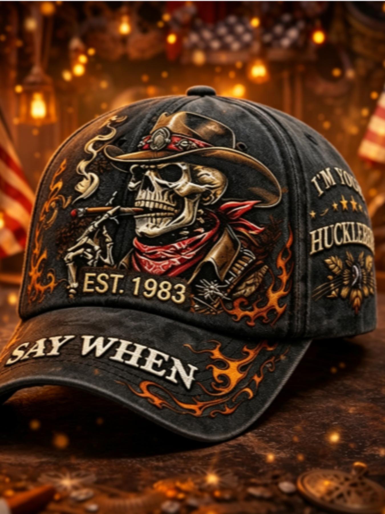 "Say When I'm Your Huckleberry" Letter & Flame Pattern Baseball Cap, Vintage Washed Design, Men's Western Theme Outdoor Cap, Casual Style, Graphic Hat, Outdoor Hats