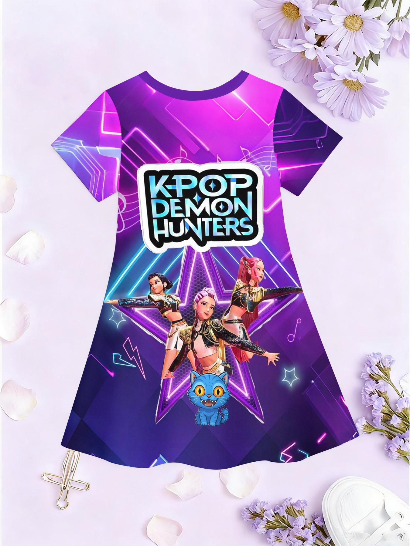 Girls' 3D Dress Base K-Pop Demon Hunters Full Print, Perfect for Parties, Festive Gifts, Birthday Presents, Casual Style